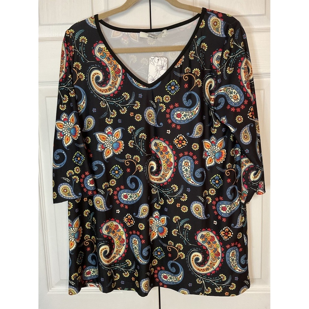 Sakurafiua Black V-Neck Paisley Print 3/4 Sleeve Top Shirt‎ Size Medium New